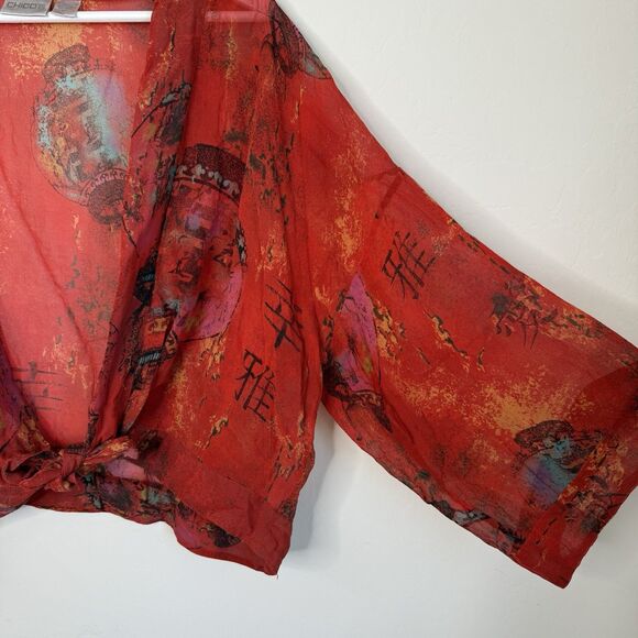 Chicos Womens Sz 1 M/8 Red Silk Asian Lantern Kimono Open Tie Front Blouse Top - Picture 5 of 12